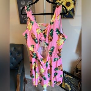 Plus Size Pineapple Print Halter Swimwear One Piece Pin up Tankini Swimwear Pink
